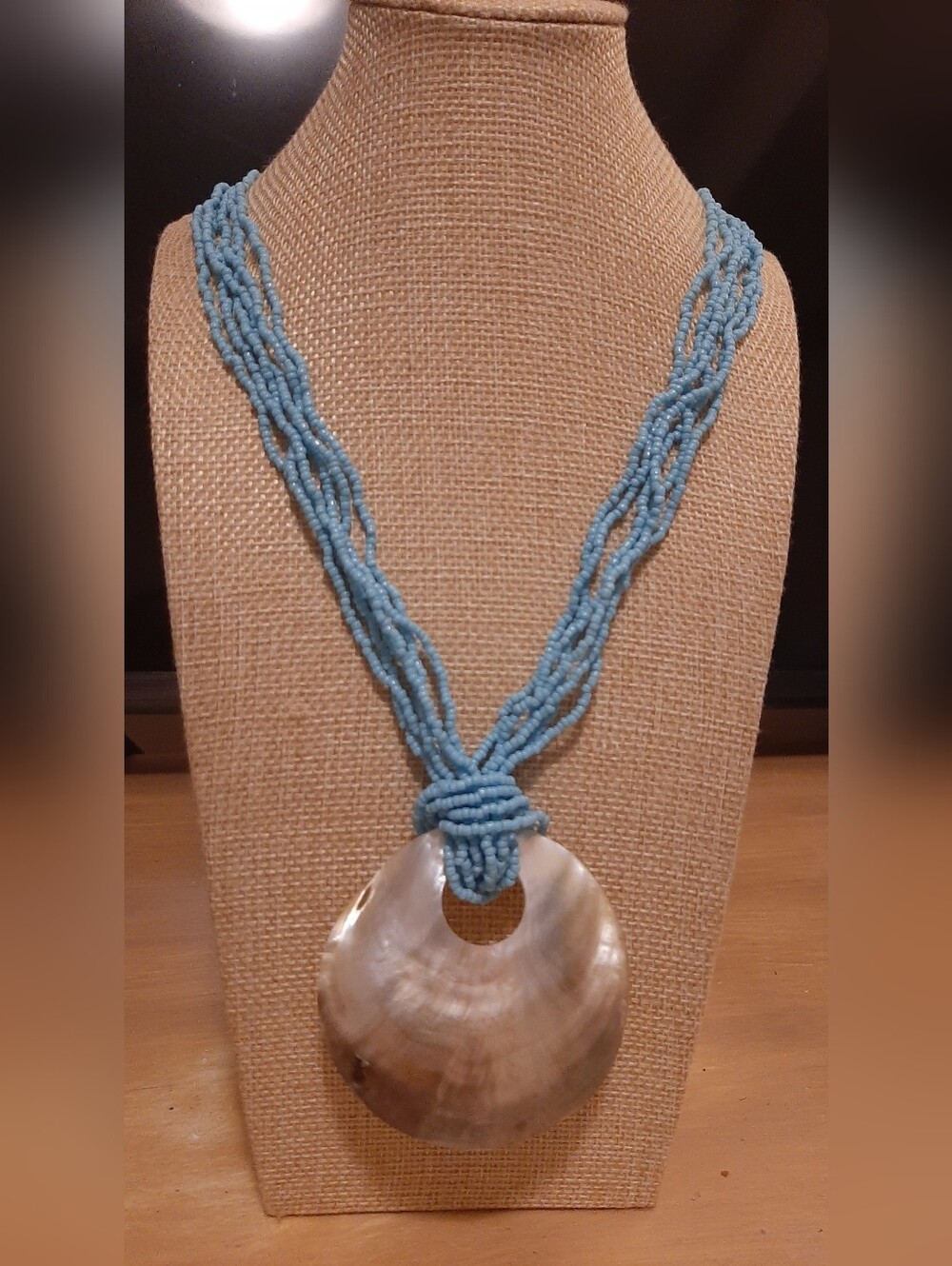 Blue Beaded Multi-Strand Necklace with Mother-of-Pearl Pendant
